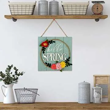 HOMirable Spring Wall Decor Home Hanging Sign 3D Fabric Flowers Wall Plaque Hello Spring Wreath Wooden Door Sign Rustic Vintage Farmhouse Decoration Gift for Kitchen Living Dinning Room Bedroom