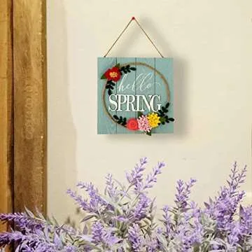 HOMirable Spring Wall Decor Home Hanging Sign 3D Fabric Flowers Wall Plaque Hello Spring Wreath Wooden Door Sign Rustic Vintage Farmhouse Decoration Gift for Kitchen Living Dinning Room Bedroom