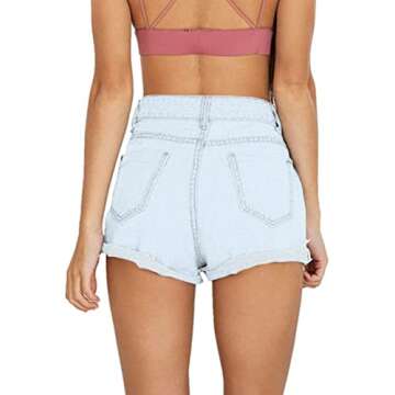 Haola Women's Juniors Vintage Denim High Waisted Folded Hem Jeans Shorts Light Blue1 XS