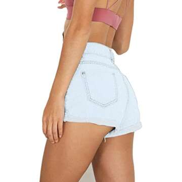 Haola Women's Juniors Vintage Denim High Waisted Folded Hem Jeans Shorts Light Blue1 XS