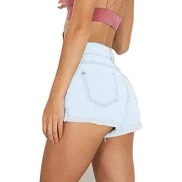 Haola Women's Juniors Vintage Denim High Waisted Folded Hem Jeans Shorts Light Blue1 XS