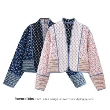 Omoone Women's Cropped Floral Quilted Jacket Cardigan Printed Lightweight Open Front Padded Puffer C...