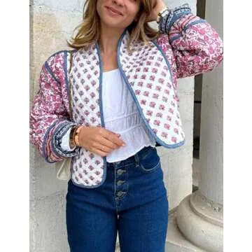 Omoone Women's Cropped Floral Quilted Jacket Cardigan Printed Lightweight Open Front Padded Puffer Coat(Pink-M)
