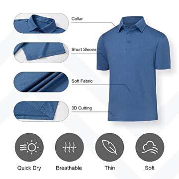 BALENNZ Golf Polos for Men Quick-Dry Athletic Mens Golf Shirts Short Sleeve Summer Casual Moisture Wicking Golf Polo Shirts for Men 3 Pack Black, Dark Grey, Milddle Blue Large