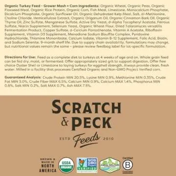Scratch and Peck Whole Grain Grower Mash + Corn Turkey Feed - 40 lbs Bag - Soy-Free - 20.5% Protein, Certified Organic and Non-GMO Project Verified Turkey Food