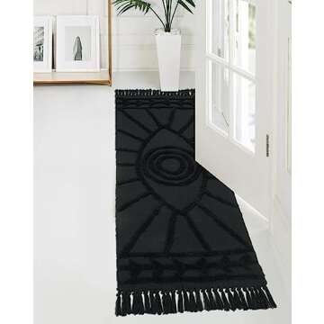 Uphome Boho Runner Rug 2'x5' Washable Evil Eye Tufted Bedroom Rug with Tassels Soft Cotton Woven Kitchen Rug Modern Minimalist Dark Gray Throw Rugs for Living Room Laundry Room Bathroom