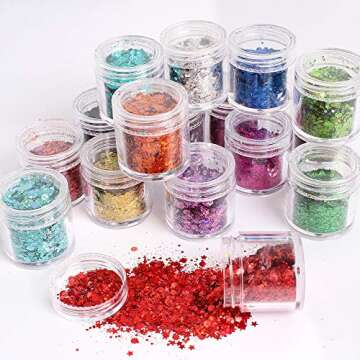 Holographic Chunky Glitter Sequins 16 Colors Mixed Cosmetic Glitter for Face Body Eye Hair Nail Art Lip Gloss, Festival Glitter Makeup with Different Hexagons Size and Stars