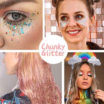 Holographic Chunky Glitter Sequins 16 Colors Mixed Cosmetic Glitter for Face Body Eye Hair Nail Art Lip Gloss, Festival Glitter Makeup with Different Hexagons Size and Stars