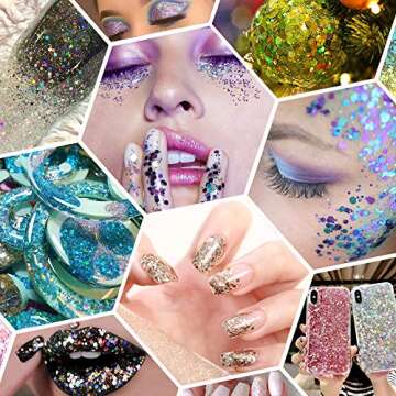 Holographic Chunky Glitter Sequins 16 Colors Mixed Cosmetic Glitter for Face Body Eye Hair Nail Art Lip Gloss, Festival Glitter Makeup with Different Hexagons Size and Stars
