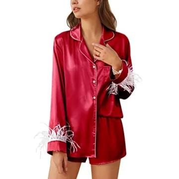 Ekouaer Women's Bridal Feather Trim Silk Satin Pajama Set Long Sleeve Lounge Sets Sleepwear (Removab...