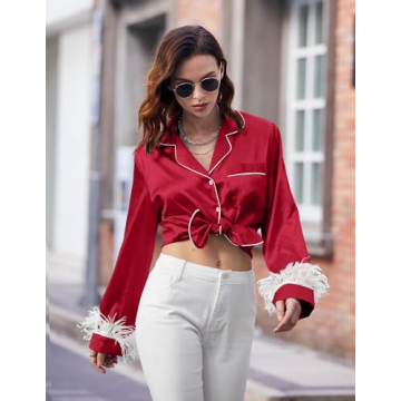 Elegant Ekouaer Silk Satin Pajama Set with Removable Feathers