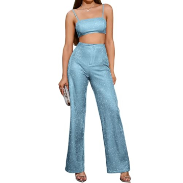 Colysmo Women's Two Piece Outfit Sparkle Sequin Sleeveless Cami Crop Top Bling Glitter High Waist St...