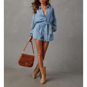 Lantern Long Sleeve Denim Romper for Women Elastic Waist Tie Front Jean Jumpsuit Short Playsuits