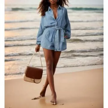 Lantern Long Sleeve Denim Romper for Women Elastic Waist Tie Front Jean Jumpsuit Short Playsuits