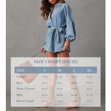 Lantern Long Sleeve Denim Romper for Women Elastic Waist Tie Front Jean Jumpsuit Short Playsuits