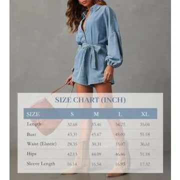 Lantern Long Sleeve Denim Romper for Women Elastic Waist Tie Front Jean Jumpsuit Short Playsuits