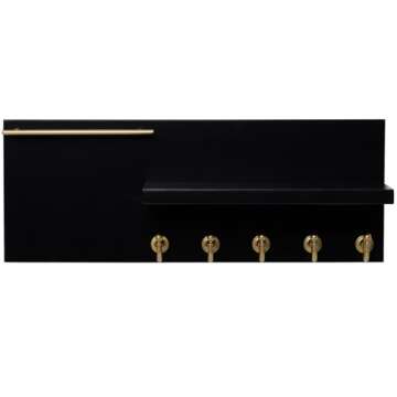 SANY DAYO HOME Real Wood Key Holder Rack Wall Mount 16 x 6 inches Black Entryway Shelf with 5 Gold Hooks, Metal Sunglass Bar, and Floating Board for Keychain, Purse