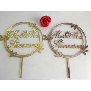 Personalized Wedding Laurel Wreath Cake Topper Circle Last Name Cake Decorations Family Name Mr and Mrs Custom Monogram Round Cake Toppers on Sticks Wood Rustic Acrylic Decor Bride Groom Centerpieces