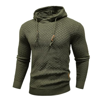 Zaitun Mens Hooded Sweatshirt Long Sleeve Solid Knitted Hoodie Pullover Sweater Army Green