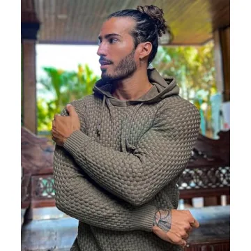 Zaitun Mens Hooded Sweatshirt Long Sleeve Solid Knitted Hoodie Pullover Sweater Army Green