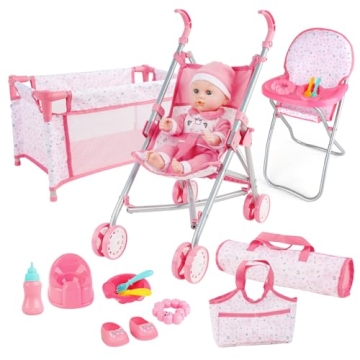 deAO Baby Doll Stroller Crib Bed Nursery Role Play Set Baby Doll Accessories and Play Mat,Travel Cot...