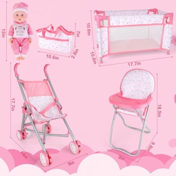 deAO Baby Doll Playset Stroller for Kids and Toddlers