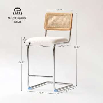 GrandNoor Natural Rattan Counter Height Stools Set of 2 with Solid Wood Back, 24 Inch Mid Century Mo...