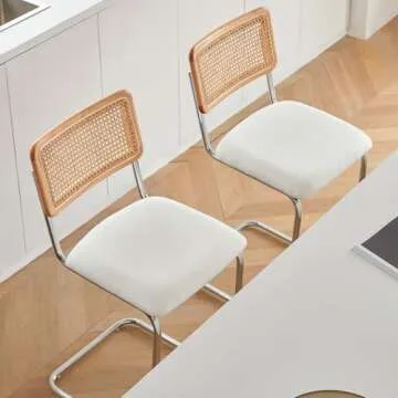 GrandNoor Natural Rattan Counter Height Stools Set of 2 with Solid Wood Back, 24 Inch Mid Century Modern Cesca Bar Stools, White Upholstery Boho Stools for Kitchen Counter with Chrome Metal Legs