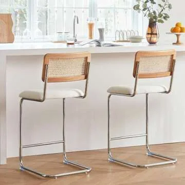 GrandNoor Natural Rattan Counter Height Stools Set of 2 with Solid Wood Back, 24 Inch Mid Century Modern Cesca Bar Stools, White Upholstery Boho Stools for Kitchen Counter with Chrome Metal Legs