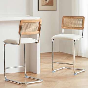 GrandNoor Natural Rattan Counter Height Stools Set of 2 with Solid Wood Back, 24 Inch Mid Century Modern Cesca Bar Stools, White Upholstery Boho Stools for Kitchen Counter with Chrome Metal Legs
