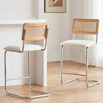 GrandNoor Natural Rattan Counter Height Stools Set of 2 with Solid Wood Back, 24 Inch Mid Century Modern Cesca Bar Stools, White Upholstery Boho Stools for Kitchen Counter with Chrome Metal Legs