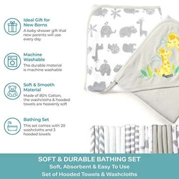 Spasilk Bath Hooded Towels & Washcloths Set for Babies, 23-Piece Gift Set, Grey, (Gift GBA23 0501)