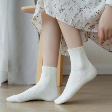 zrylibya Women Cute Ruffle Frilly Turn Cuff Ankle Socks Scalloped Pointelle Solid Casual Crew Socks ...