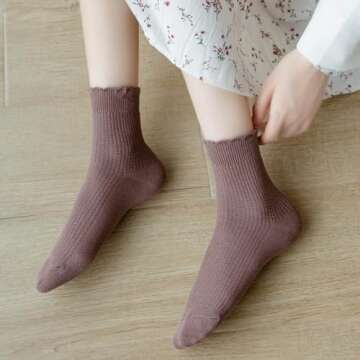 zrylibya Women Cute Ruffle Frilly Turn Cuff Ankle Socks Scalloped Pointelle Solid Casual Crew Socks 4 Pairs (Black,White,Coffee,Orange)