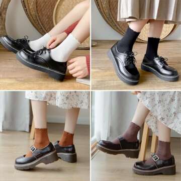 zrylibya Women Cute Ruffle Frilly Turn Cuff Ankle Socks Scalloped Pointelle Solid Casual Crew Socks 4 Pairs (Black,White,Coffee,Orange)