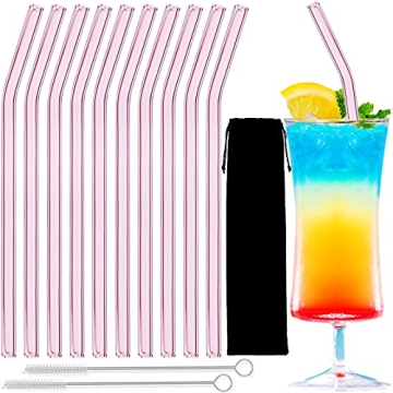 Glass Straws – 10pcs Pink Bent Glass Straw Set, 8'' Reusable Straws With Cleaning Brush For Tumble...