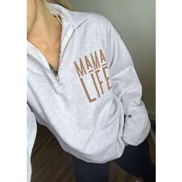 TAIUICY Women Mama Life Zip Up Pullover Sweatshirt Jacket High Collar Quarter 1/4 Zip Hoodie Coat (W...
