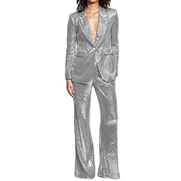 Sequins Women Suits Set Blazer Ladies Wedding Tuxedos Party Wear Suits Silver