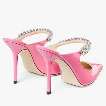 VivaLaver Women High Heeled Mules Crystal Embellished Strap Mules Pointed Toe Stiletto Heels Patent Leather Bridal Wedding Party Dress Shoes 5-13US Pink Size 8.5