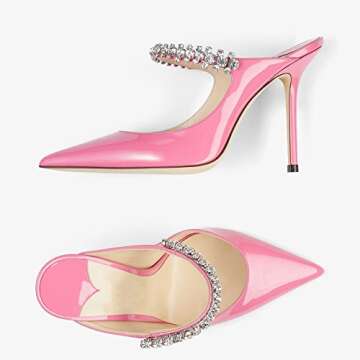 VivaLaver Women High Heeled Mules Crystal Embellished Strap Mules Pointed Toe Stiletto Heels Patent Leather Bridal Wedding Party Dress Shoes 5-13US Pink Size 8.5