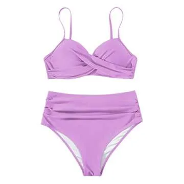 SUUKSESS Women Twist High Waisted Bikini Push Up Two Piece Swimsuits - Purple, M