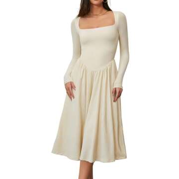 CHYRII Womens Spring Fashion 2025 Square Neck Long Sleeve Casual A-Line Midi Dress Beige L