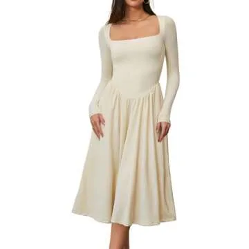 CHYRII Womens Spring Fashion 2025 Square Neck Long Sleeve Casual A-Line Midi Dress Beige L