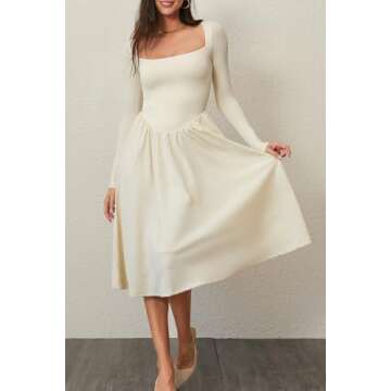 CHYRII Womens Spring Fashion 2025 Square Neck Long Sleeve Casual A-Line Midi Dress Beige L