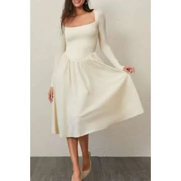 CHYRII Womens Spring Fashion 2025 Square Neck Long Sleeve Casual A-Line Midi Dress Beige L