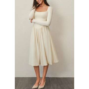 CHYRII Womens Spring Fashion 2025 Square Neck Long Sleeve Casual A-Line Midi Dress Beige L