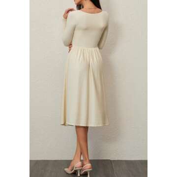 CHYRII Womens Spring Fashion 2025 Square Neck Long Sleeve Casual A-Line Midi Dress Beige L