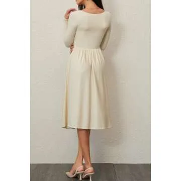 CHYRII Womens Spring Fashion 2025 Square Neck Long Sleeve Casual A-Line Midi Dress Beige L