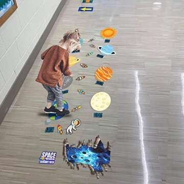 Classroom Decor Sensory Path Decals for Floor & Wall - Solar System Space Exploring Hopscotch Floor Stickers for Boosting Gross Motor Skills
