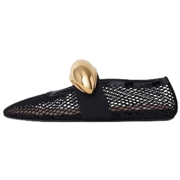 AMINUGAL Mesh Ballet Flats Shoes for Women Fashion Round Toe Fishnet Black Flats for Women Buckle St...